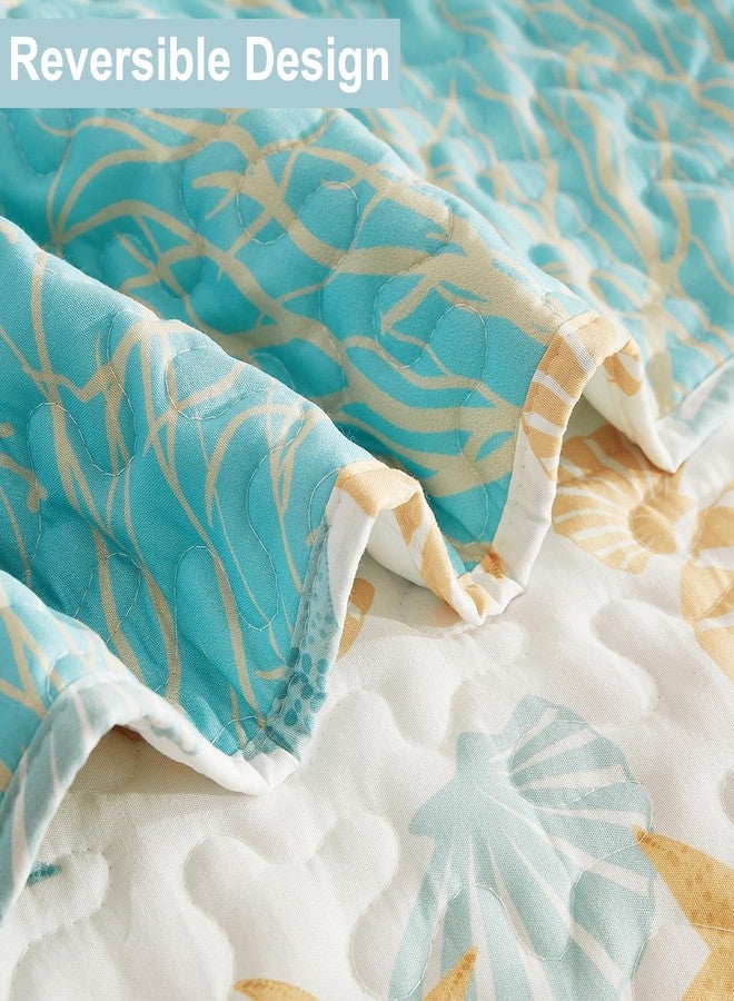 Cmfshape 3 Pieces Coastal Quilt Sets Queen Size-Ocean Theme Coral Shell Starfish Conch Pattern Printed Quilt,Reversible Beach Bedding Set,Summer Soft Lightweight Nautical Bedspread Coverlet(Queen 92"x96") - Image 5