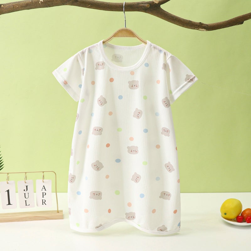 Summer Childrens Pajamas Sleepsuit Babys Kick-proof Nightgown Boys and Girls Ice Silk Thin Jumpsuit Home Clothes Dot Bear [Nightgown]] 