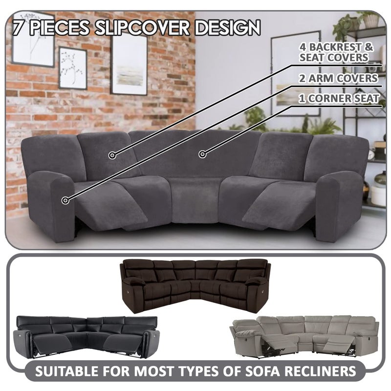 ULTICOR 7-Piece Sectional Sofa Covers, Velvet Stretch Reclining Couch Covers for Reclining L Shape Sofa, Thick, Soft, Washable (Dark Grey, 5 Seat Recliner Cover) - Image 2