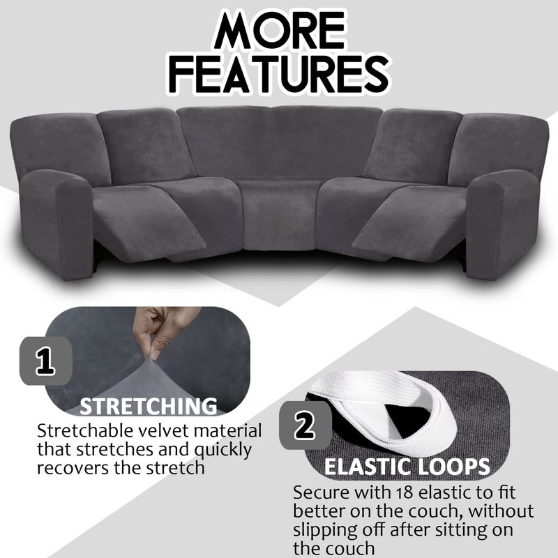 ULTICOR 7-Piece Sectional Sofa Covers, Velvet Stretch Reclining Couch Covers for Reclining L Shape Sofa, Thick, Soft, Washable (Dark Grey, 5 Seat Recliner Cover) - Image 4