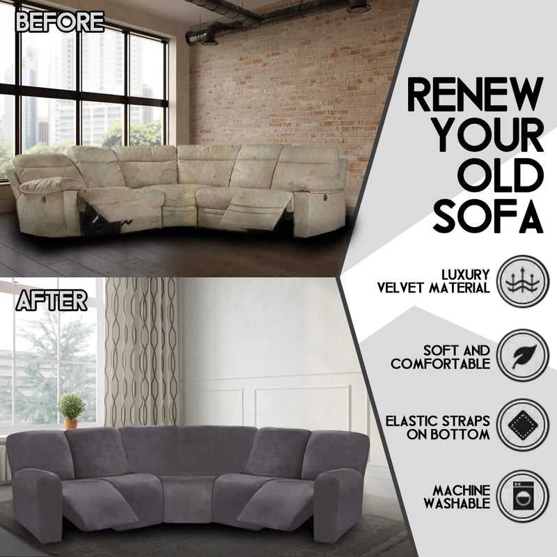 ULTICOR 7-Piece Sectional Sofa Covers, Velvet Stretch Reclining Couch Covers for Reclining L Shape Sofa, Thick, Soft, Washable (Dark Grey, 5 Seat Recliner Cover) - Image 3