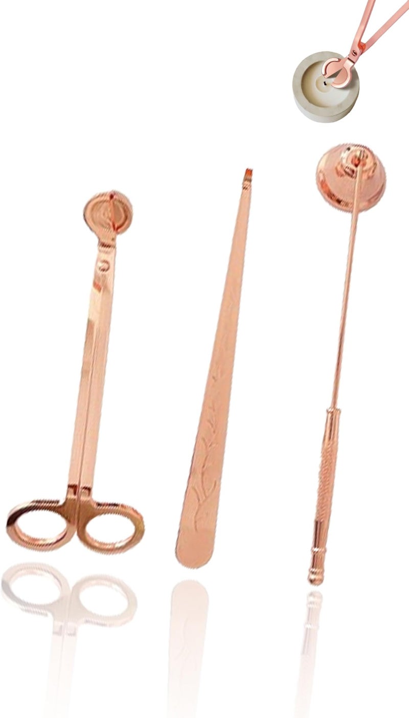 Candle Accessory Gift Set - Wick Trimmer, Snuffer, Dipper for Scented Candles - Long Handle Tools for Candle Care (Rose gold)