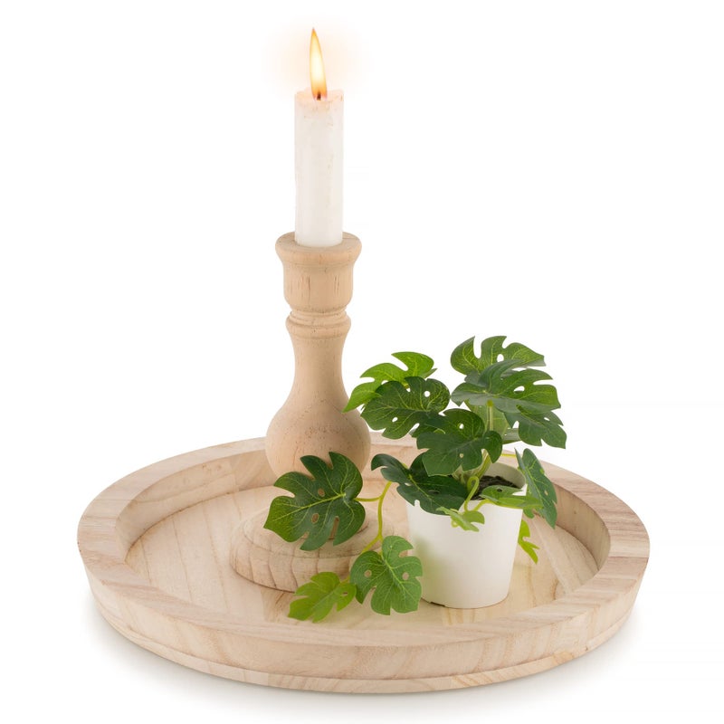 Hanobe Round Wood Decorative Tray: Unfinished Wooden Craft Trays DIY Ottoman Serving Tray Centerpiece Candle Holder Trays for Kitchen Countertop Crafts Art Home Decor Montessori Activity - Image 1