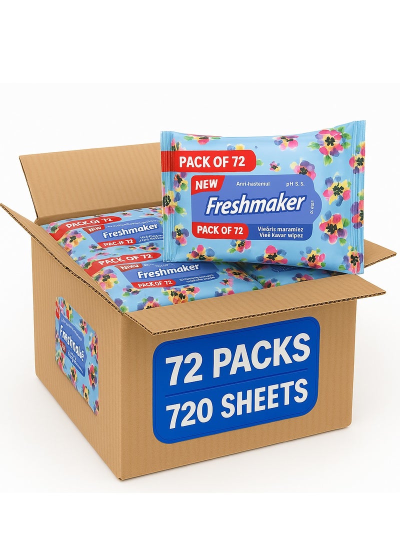 Freshmaker مناديل أطفال مضادة للبكتيريا، 10 مناديل × 72 عبوة - مناشف مبللة منظفة للأطفال والكبار - مناديل مبللة متعددة الأغراض نقية بنسبة 99.9% - مثالية للبشرة الحساسة والعناية اللطيفة بالطفل (720 منديلًا)  - Image 1