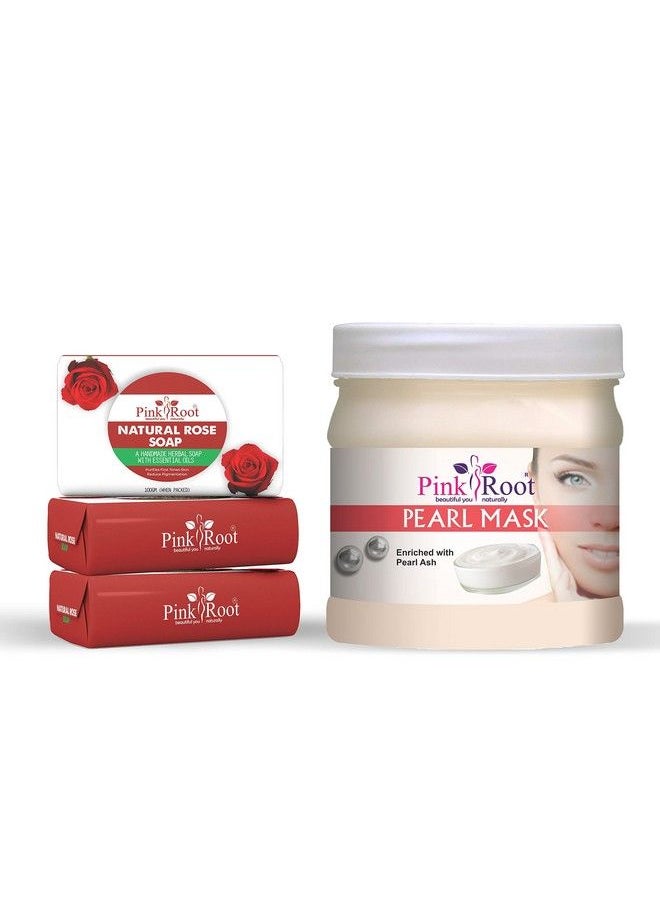 Pink Root - Natural Rose Soap 100Gm (Pack Of 3) With Pearl Mask 500Ml - Image 1