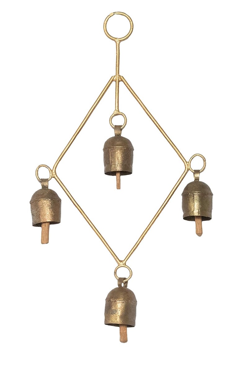 Ethnics of Kutch Ethnics of Kutch Hand Made Metal Bells Wrought Iron CopperZinc Coated Home Dcor Chimes Cow Bell Rhombus 4 Bells 28 cms Length Colour Copper BEL0096 - Image 1