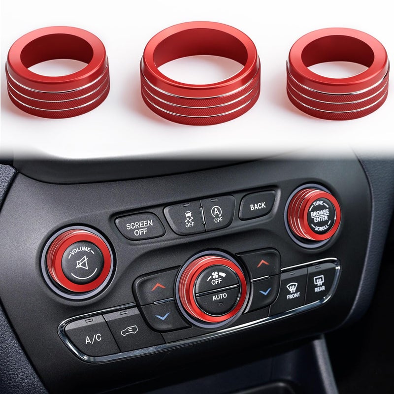 Auovo Volume Tune Air Conditioner Knob Covers Compatible with Durango 20142020 Grand Cherokee 20142021 Car Interior Trim AC Knob Cover Air Conditioning Switch Volume Controller Rings BLong Red