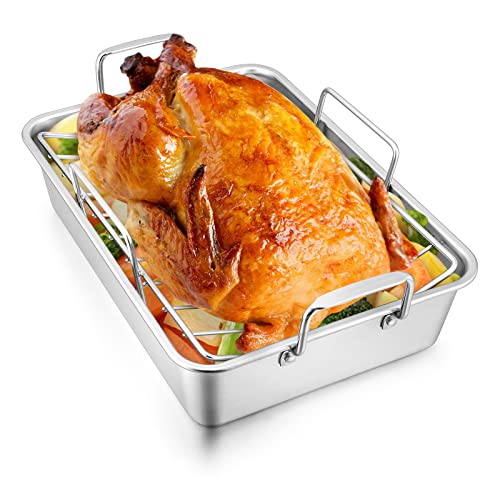 Roasting Pan with Rack for Turkey Chicken Joyfair Stainless Steel Roaster Pan and Vrack for Toaster Oven Rectangular Bakeware with Sturdy Handles Heavy Duty Dishwasher Safe Small