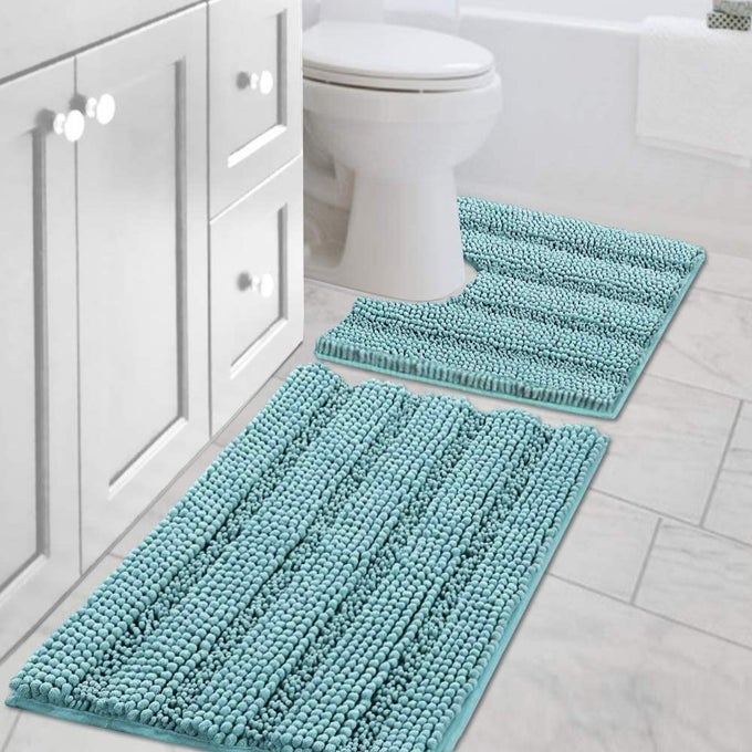 HVERSAILTEX BATHROOM RUGS SET 2 PIECE BATHROOM CONTOUR RUG TOILET MAT SETS NON SLIP CONTOUR ULTRA THICK WATER ABSORBENT STRIPED BATH RUG WASHABLE20 X 32 PLUS 20 X 20 U AQUA HAZE
