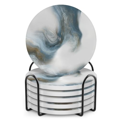 UMIRRO Absorbent Coasters for Drinks with Holder | Ceramic Stone Cup Coasters for Coffee Table | Modern Decorative Mat in Ocean Blue and Grey | Set of 6 - Image 1