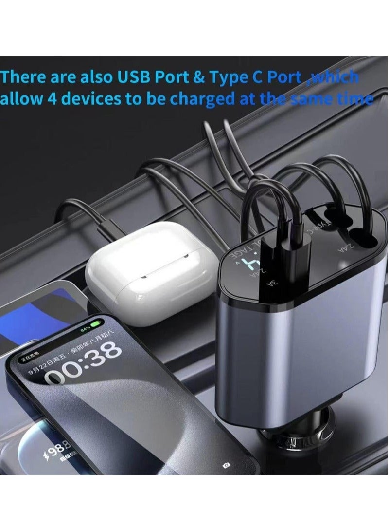 Retractable Car Charger, 4-in-1 Fast Charging Car Charger 120W, 2.6-inch dual Type-C retractable charging cable and 2 USB ports Safe Charging is Not Hot, And It is Suitable For Various Devices Such - Image 3