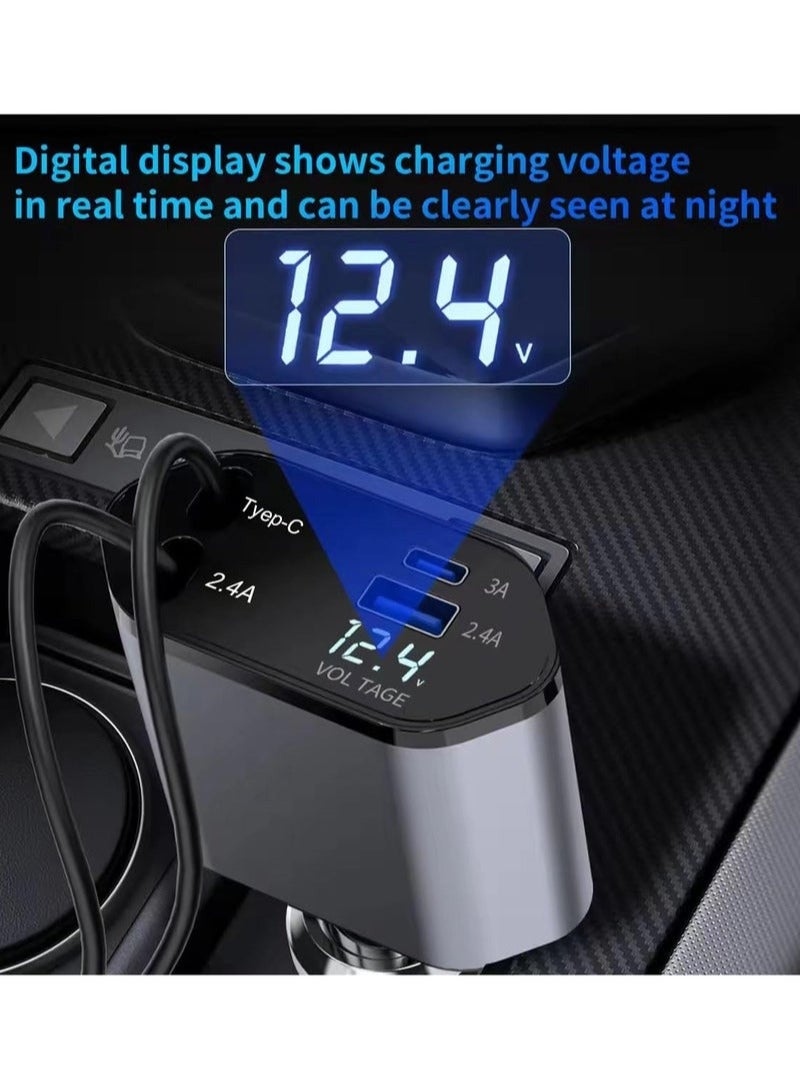 Retractable Car Charger, 4-in-1 Fast Charging Car Charger 120W, 2.6-inch dual Type-C retractable charging cable and 2 USB ports Safe Charging is Not Hot, And It is Suitable For Various Devices Such - Image 4