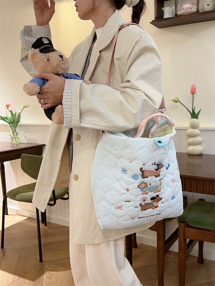 49272 Cartoon Embroidered Soft Cute Crossbody Bag Large Capacity Shoulder Handbag Quilted Cotton Commuter Handbag - Image 5