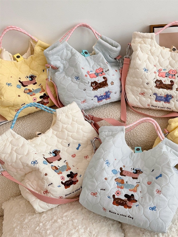 49272 Cartoon Embroidered Soft Cute Crossbody Bag Large Capacity Shoulder Handbag Quilted Cotton Commuter Handbag - Image 2