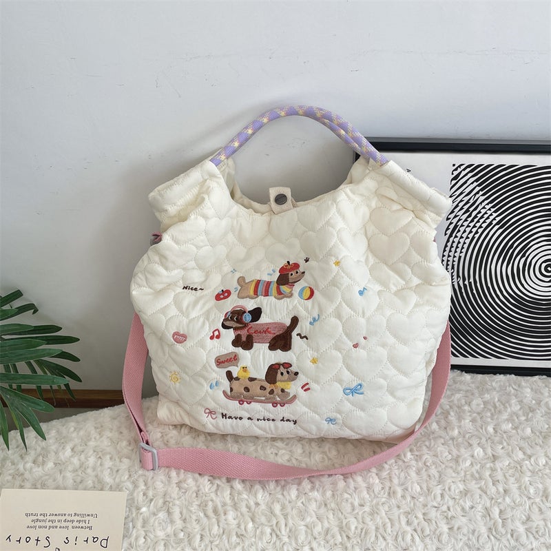 49272 Cartoon Embroidered Soft Cute Crossbody Bag Large Capacity Shoulder Handbag Quilted Cotton Commuter Handbag - Image 1