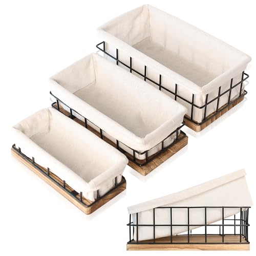 Auranest AURA NEST Metal Baskets for Organizing Set of 3 Black Metal Basket with Liner Wooden Decorative Baskets for Home Decors Bathroom Decor Kitchen Decor Wooden Wire Basket Storage1 Large 2 Small - Image 1