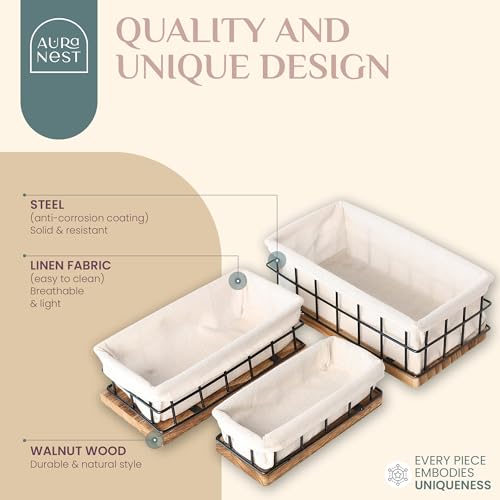 Auranest AURA NEST Metal Baskets for Organizing Set of 3 Black Metal Basket with Liner Wooden Decorative Baskets for Home Decors Bathroom Decor Kitchen Decor Wooden Wire Basket Storage1 Large 2 Small - Image 3