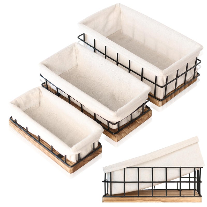Auranest AURA NEST Metal Baskets for Organizing Set of 3 Black Metal Basket with Liner Wooden Decorative Baskets for Home Decors Bathroom Decor Kitchen Decor Wooden Wire Basket Storage1 Large 2 Small - Image 2