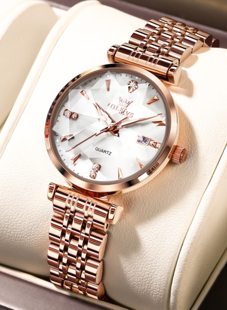 أوليفز ساعة OLEVS 5536 النسائية عالية الجودة بتصميم مجوهرات أنيق مقاومة للماء حتى عمق 30 مترًا، ساعة كوارتز فاخرة باللون الذهبي الوردي للنساء - Image 1