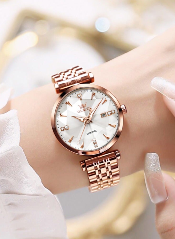 أوليفز ساعة OLEVS 5536 النسائية عالية الجودة بتصميم مجوهرات أنيق مقاومة للماء حتى عمق 30 مترًا، ساعة كوارتز فاخرة باللون الذهبي الوردي للنساء - Image 2