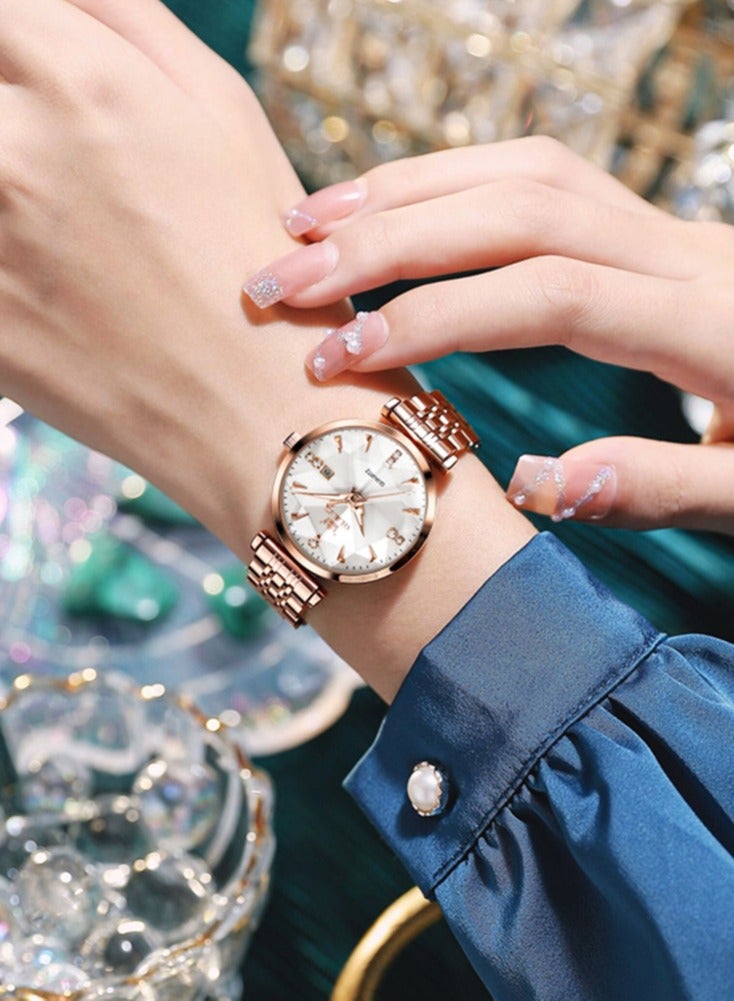 أوليفز ساعة OLEVS 5536 النسائية عالية الجودة بتصميم مجوهرات أنيق مقاومة للماء حتى عمق 30 مترًا، ساعة كوارتز فاخرة باللون الذهبي الوردي للنساء - Image 3