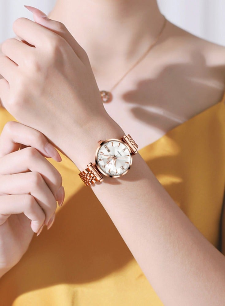 أوليفز ساعة OLEVS 5536 النسائية عالية الجودة بتصميم مجوهرات أنيق مقاومة للماء حتى عمق 30 مترًا، ساعة كوارتز فاخرة باللون الذهبي الوردي للنساء - Image 4