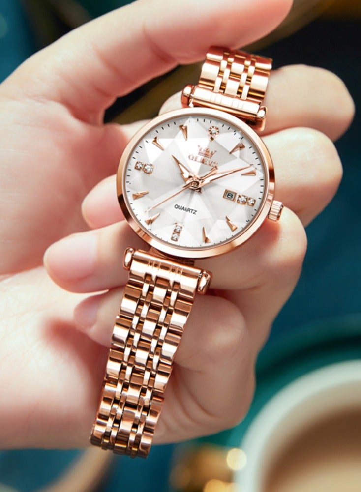 أوليفز ساعة OLEVS 5536 النسائية عالية الجودة بتصميم مجوهرات أنيق مقاومة للماء حتى عمق 30 مترًا، ساعة كوارتز فاخرة باللون الذهبي الوردي للنساء - Image 5