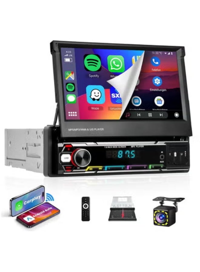 Wireless Carplay 7inch Single Din Touchscreen Radio,IPS Manual Flip Out Touchscreen,AM/FM/RDS 5.1Bluetooth Car Stereo,Fast Charging,Wireless Android Auto,Mirror Link,2 USB/TF/AUX Port+Backup Camera