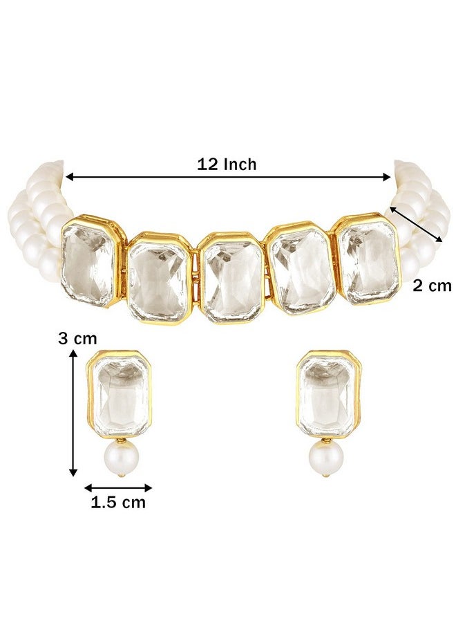 I Jewels I Jewels 18K Gold Plated Traditional Crystal Stone Pearl Studded Choker Necklace Jewellery Set for Women (ML287W)  - Image 4