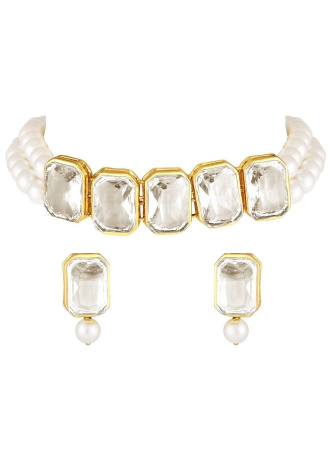 I Jewels I Jewels 18K Gold Plated Traditional Crystal Stone Pearl Studded Choker Necklace Jewellery Set for Women (ML287W)  - Image 1