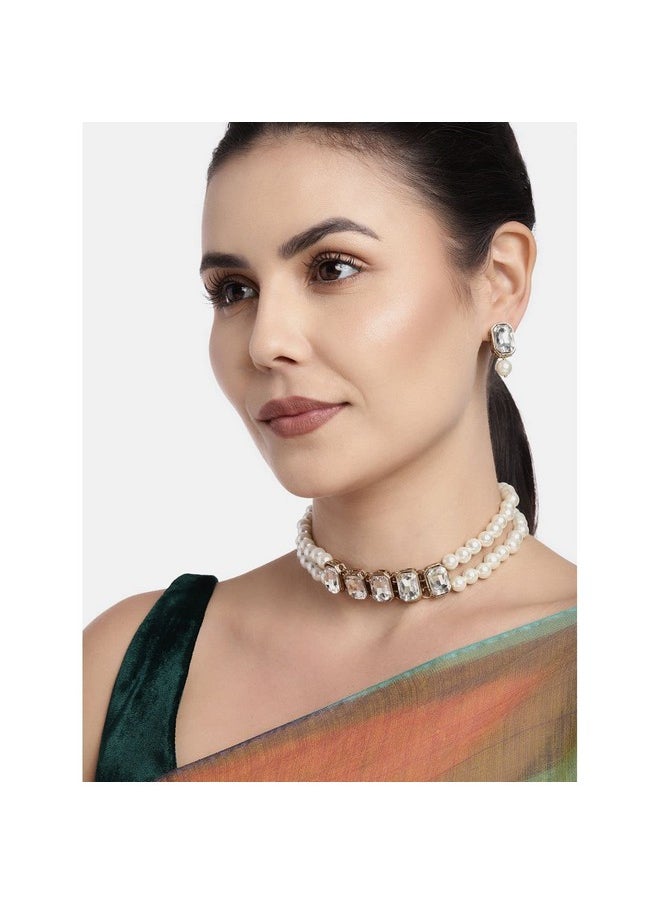 I Jewels I Jewels 18K Gold Plated Traditional Crystal Stone Pearl Studded Choker Necklace Jewellery Set for Women (ML287W)  - Image 3