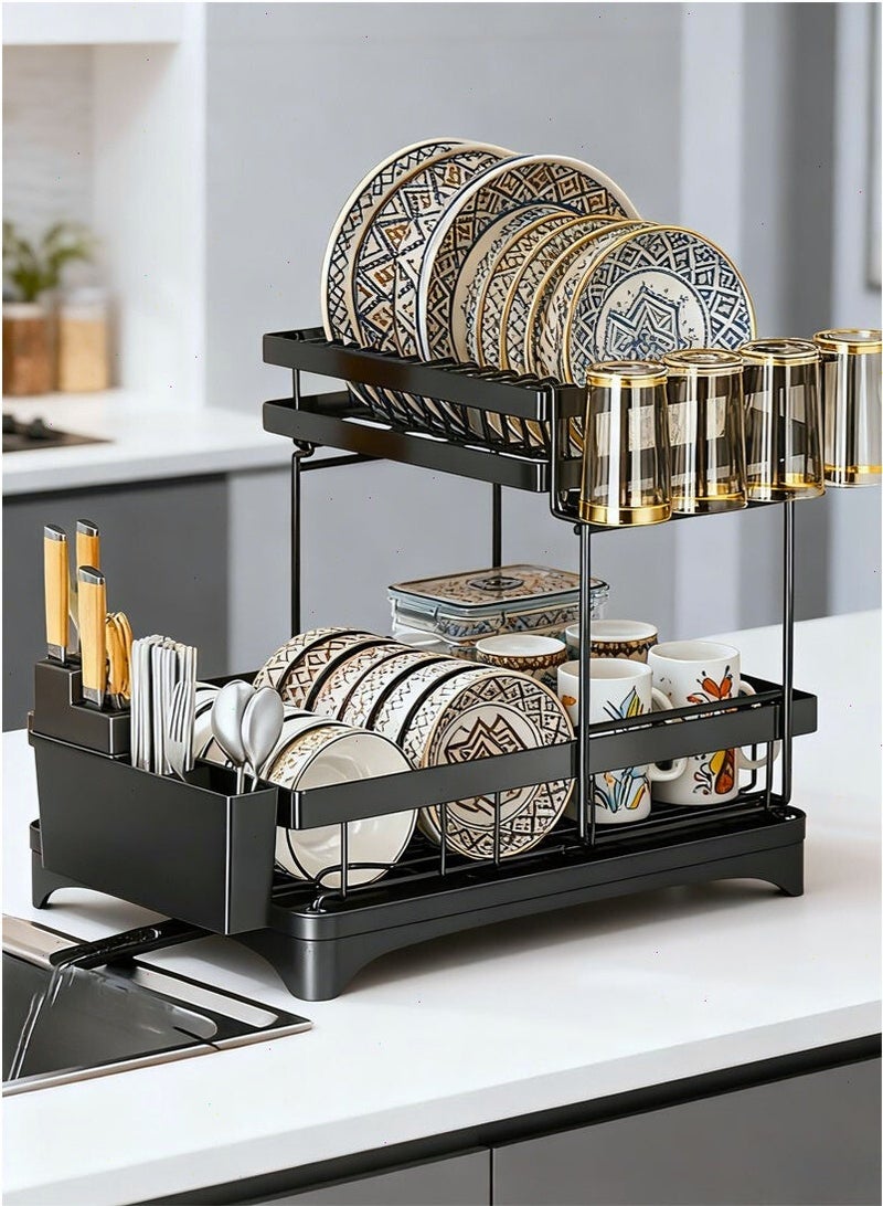 رف تجفيف الأطباق رف تخزين وتجفيف الأطباق في المطبخ رف تجفيف متعدد الوظائف للمطبخ مع حاملات أدوات المائدة والأكواب - Image 1