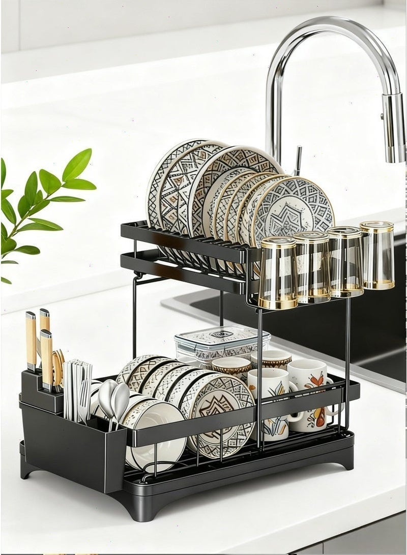 رف تجفيف الأطباق رف تخزين وتجفيف الأطباق في المطبخ رف تجفيف متعدد الوظائف للمطبخ مع حاملات أدوات المائدة والأكواب - Image 4