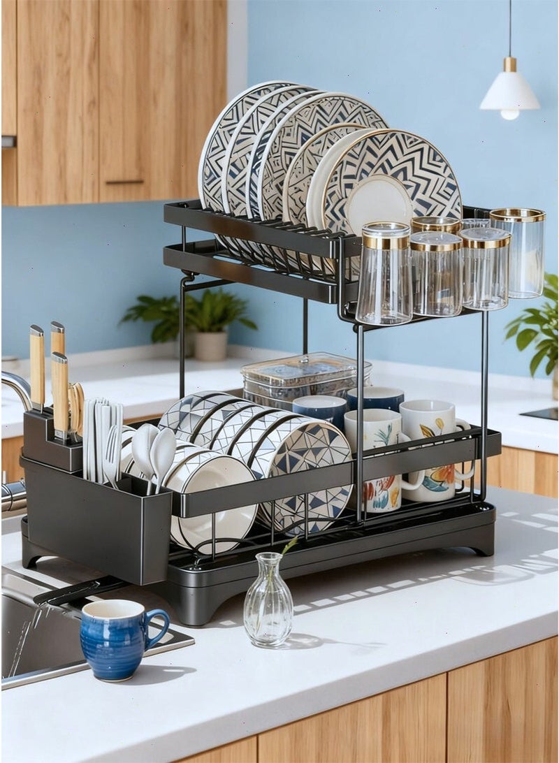 رف تجفيف الأطباق رف تخزين وتجفيف الأطباق في المطبخ رف تجفيف متعدد الوظائف للمطبخ مع حاملات أدوات المائدة والأكواب - Image 5