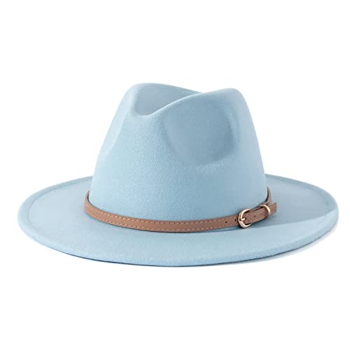 Lisianthus Women Classic Felt Fedora Wide Brim Hat with Belt Buckle A-Light Sky Blue - Image 1