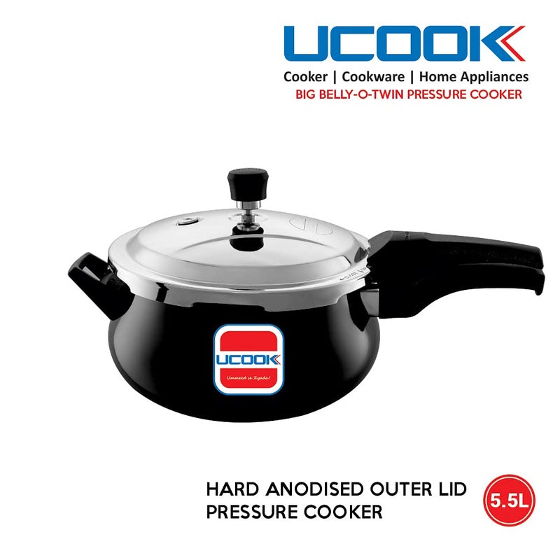 Ucook Big Belly-O-Twin Induction Compatible Hard Anodised Outer Lid Pressure Cooker With Stainless Steel Lid, 5.5 Litre, Black - Image 2