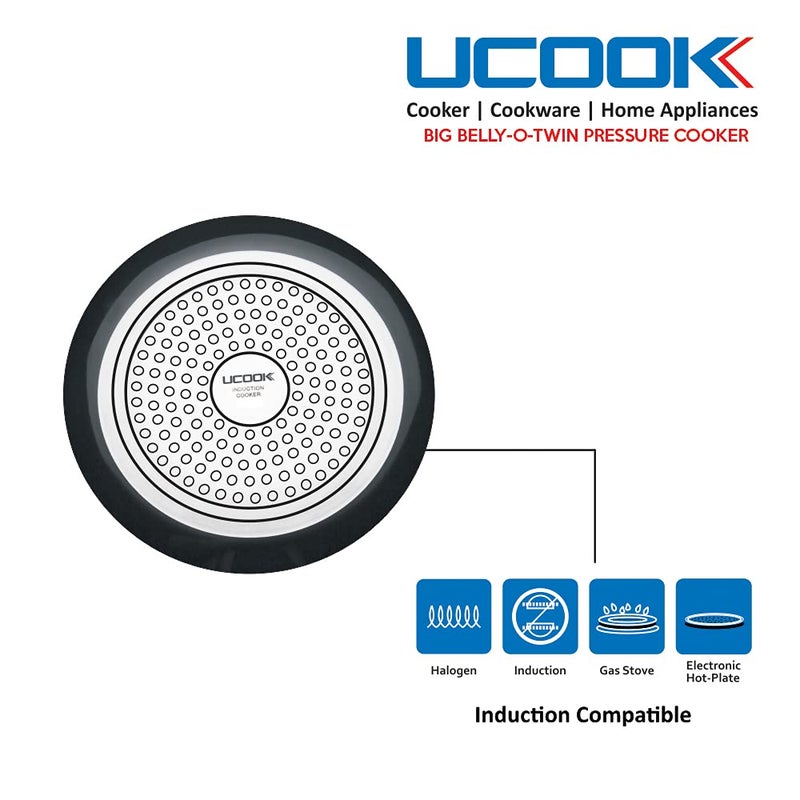 Ucook Big Belly-O-Twin Induction Compatible Hard Anodised Outer Lid Pressure Cooker With Stainless Steel Lid, 5.5 Litre, Black - Image 5