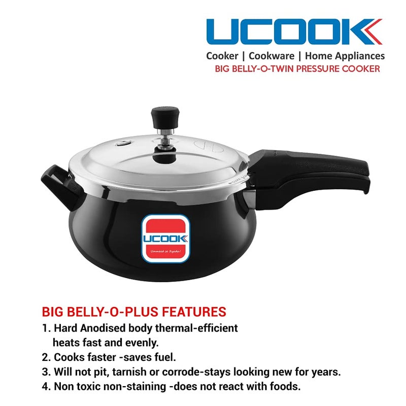 Ucook Big Belly-O-Twin Induction Compatible Hard Anodised Outer Lid Pressure Cooker With Stainless Steel Lid, 5.5 Litre, Black - Image 4