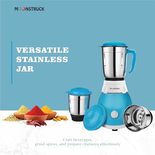 Moonstruck By Suprimo Blitz Quick Powerful 750W Motor Mixer Grinder, 3 Stainless Steel Jars, Overload Protection, Mixie For Kitchen With Heavy Duty Motor (Blue & White) (3 Jar) 2 Years Warranty - Image 2