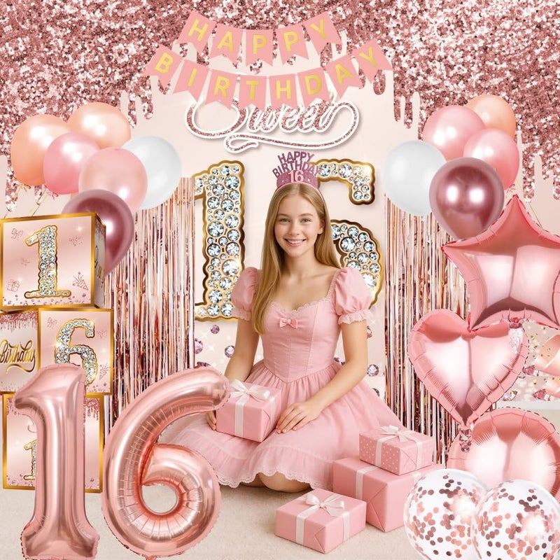 REZIPO Sweet 16 Party Decorations Pink Rose Gold Sixteen Birthday Party Supplies with Backdrop Banner Foil Balloons Tassel Curtain Balloon Garland Kit and Sweet 16 Boxes for Girl 16th Sweet Party (Rose Gold) - Image 4