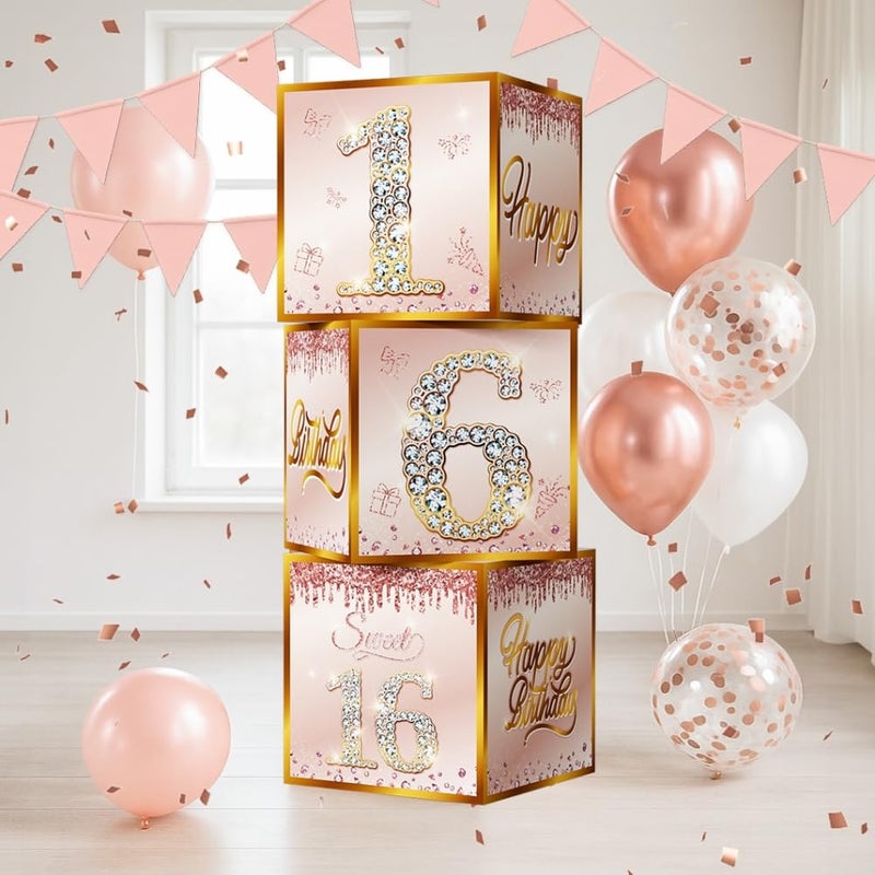 REZIPO Sweet 16 Party Decorations Pink Rose Gold Sixteen Birthday Party Supplies with Backdrop Banner Foil Balloons Tassel Curtain Balloon Garland Kit and Sweet 16 Boxes for Girl 16th Sweet Party (Rose Gold) - Image 3