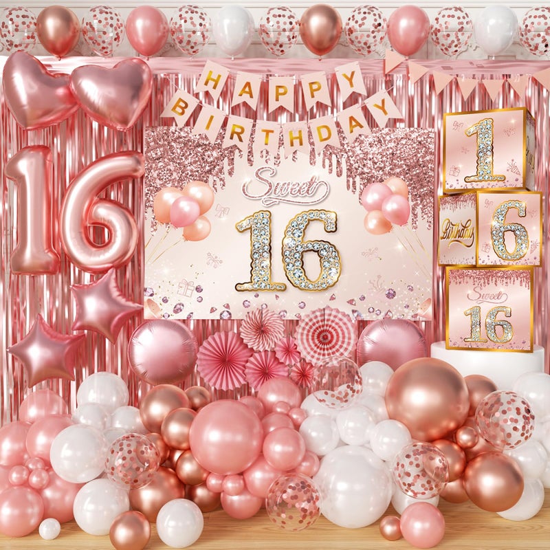 REZIPO Sweet 16 Party Decorations Pink Rose Gold Sixteen Birthday Party Supplies with Backdrop Banner Foil Balloons Tassel Curtain Balloon Garland Kit and Sweet 16 Boxes for Girl 16th Sweet Party (Rose Gold) - Image 1
