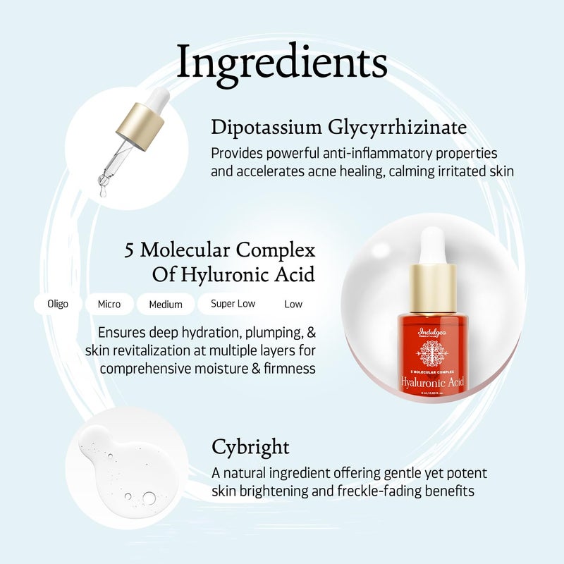 Indulgeo Essentials 5 Molecular Complex Hyaluronic Acid Lightweight Face Serum For Hydration Glowing Skin Fine Lines 6ml - Image 2