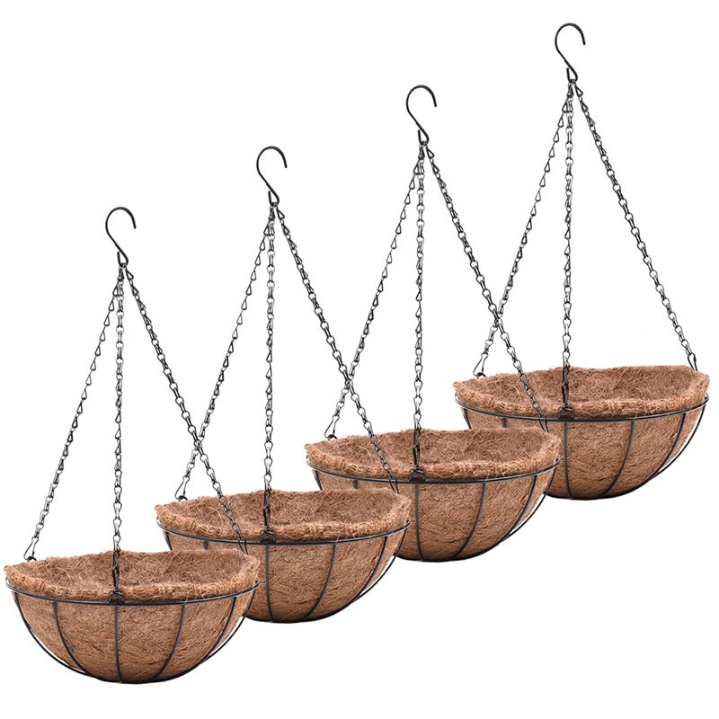 8 inch Metal Hanging Baskets For Plants Outdoor 4 Pack Round Metal Wire Hanging Basket Planter with Coco Fiber Liners Chain Round Wire Plant Holder for Garden Patio Deck Porch Plants Flower Potss