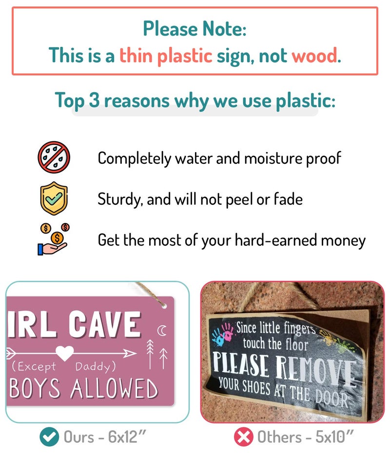Fun-Plus Girl Cave Sign for Girls Room, No Boys Allowed Door Sign, Cute Room Decor Sign for Bedroom Door, Funny Girls Only Sign for Kids Room, Teen Girl Wall Decor 12x6 Inch - Image 3