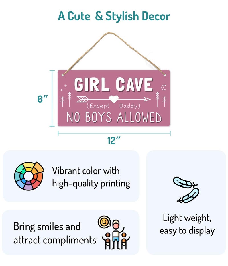Fun-Plus Girl Cave Sign for Girls Room, No Boys Allowed Door Sign, Cute Room Decor Sign for Bedroom Door, Funny Girls Only Sign for Kids Room, Teen Girl Wall Decor 12x6 Inch - Image 2