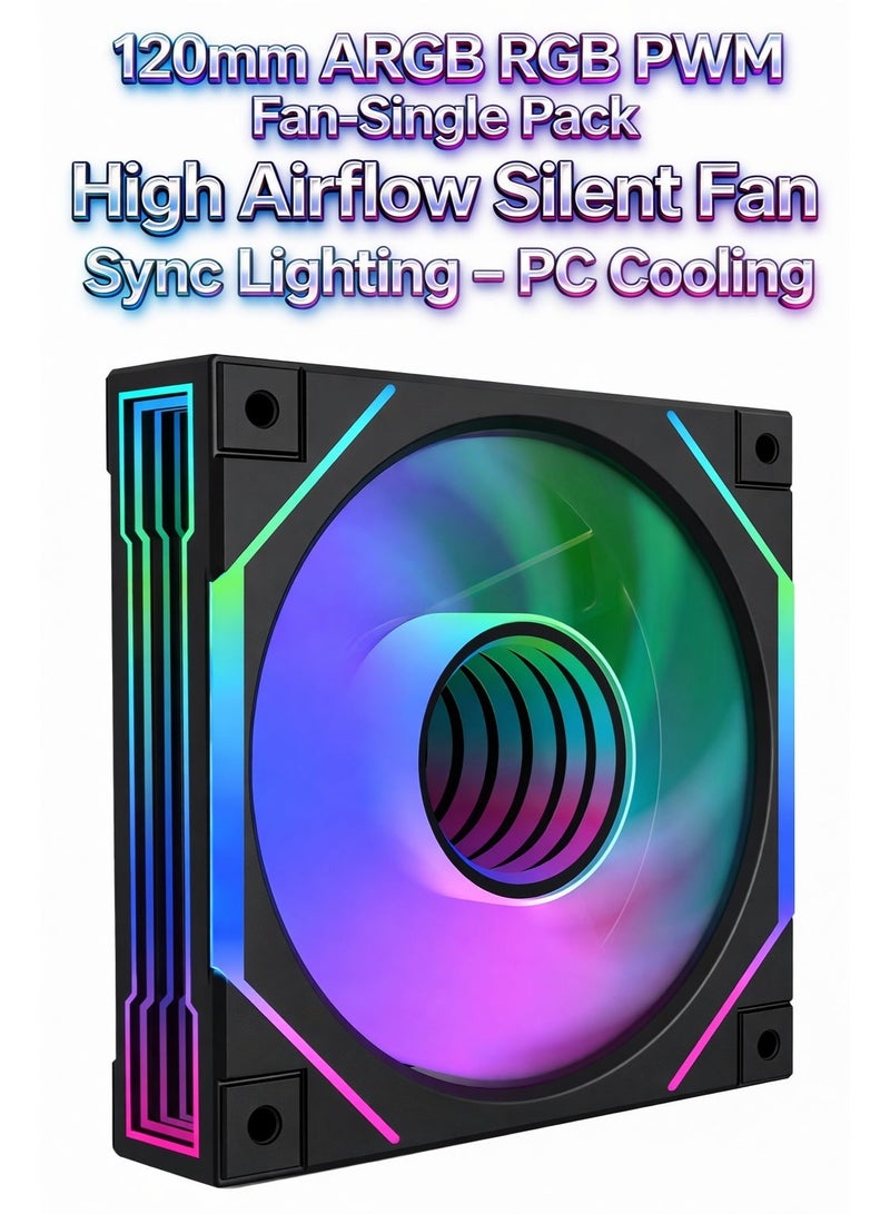 باور مروحة تبريد كمبيوتر مقاس 120 مم بتقنية ARGB RGB PWM (عبوة واحدة) - مروحة هادئة وعالية التدفق الهوائي للهيكل والمبرد، تدعم وظيفة المزامنة ثلاثية الدبابيس بجهد 5 فولت. - Image 1