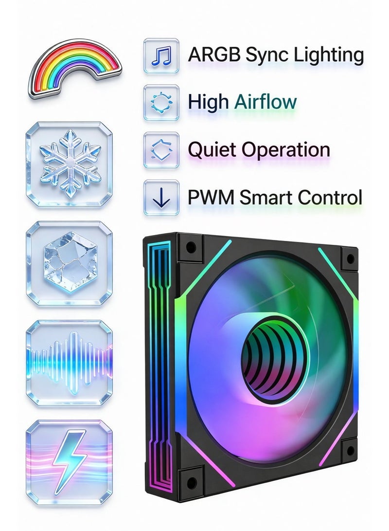 باور مروحة تبريد كمبيوتر مقاس 120 مم بتقنية ARGB RGB PWM (عبوة واحدة) - مروحة هادئة وعالية التدفق الهوائي للهيكل والمبرد، تدعم وظيفة المزامنة ثلاثية الدبابيس بجهد 5 فولت. - Image 2