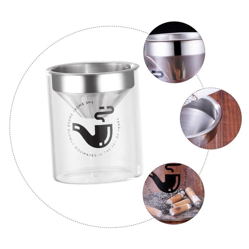Glass Ashtray With Stainless Steel Funnel Windproof Design For Home Office Portable Silver Finish - Image 4