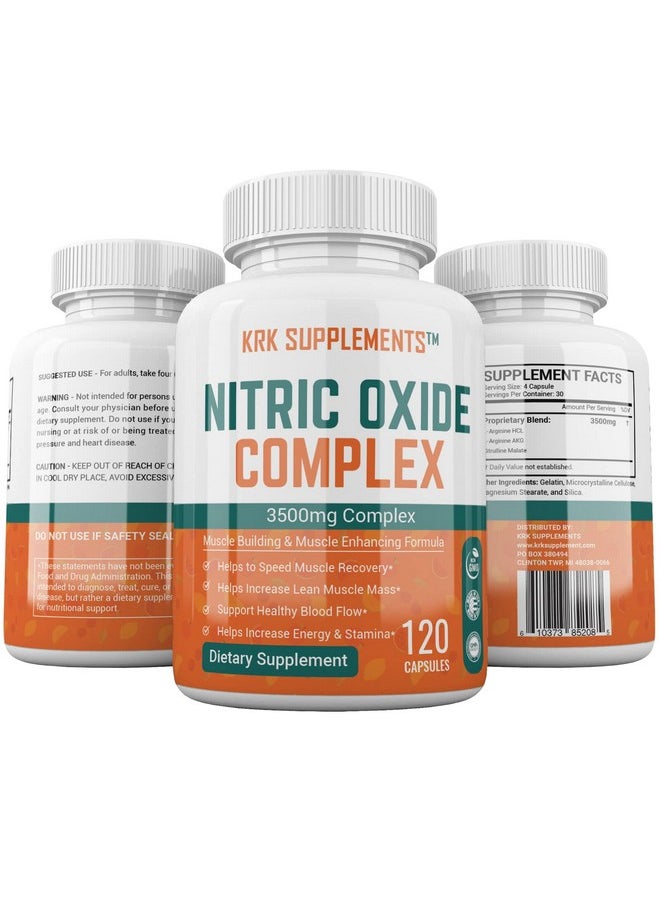 KRK SUPPLEMENTS - 2 Bottles Nitric Oxide Complex 3500Mg Per Serving Larginine Hcl Aakg Akg Alpha Ketoglutarate Citrulline Malate 240 Total Capsules - Image 1